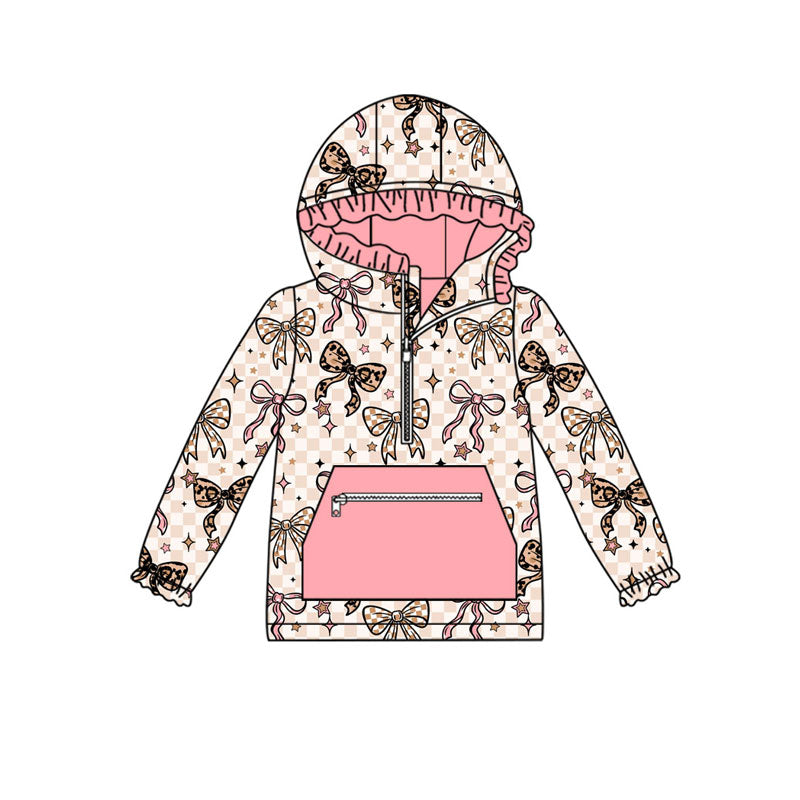 Preorder (moq 5)Baby Girls Bows Stars Checked Pocket Zipper Ruffle Hoodies Top