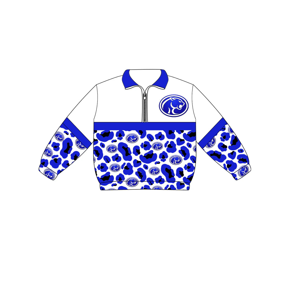 Preorder (moq 5)Baby Boys Long Sleeve Hot Blue Leopard Cougars Team Zip Pullovers Top