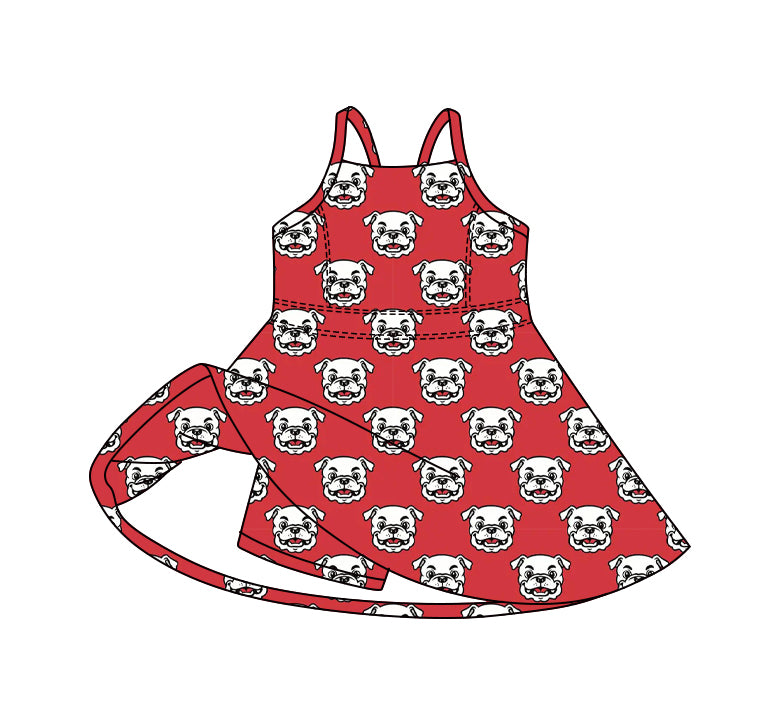 Preorder (moq 5)Baby Girls Red Strap Bulldogs Team Shorts Knee Length Dresses