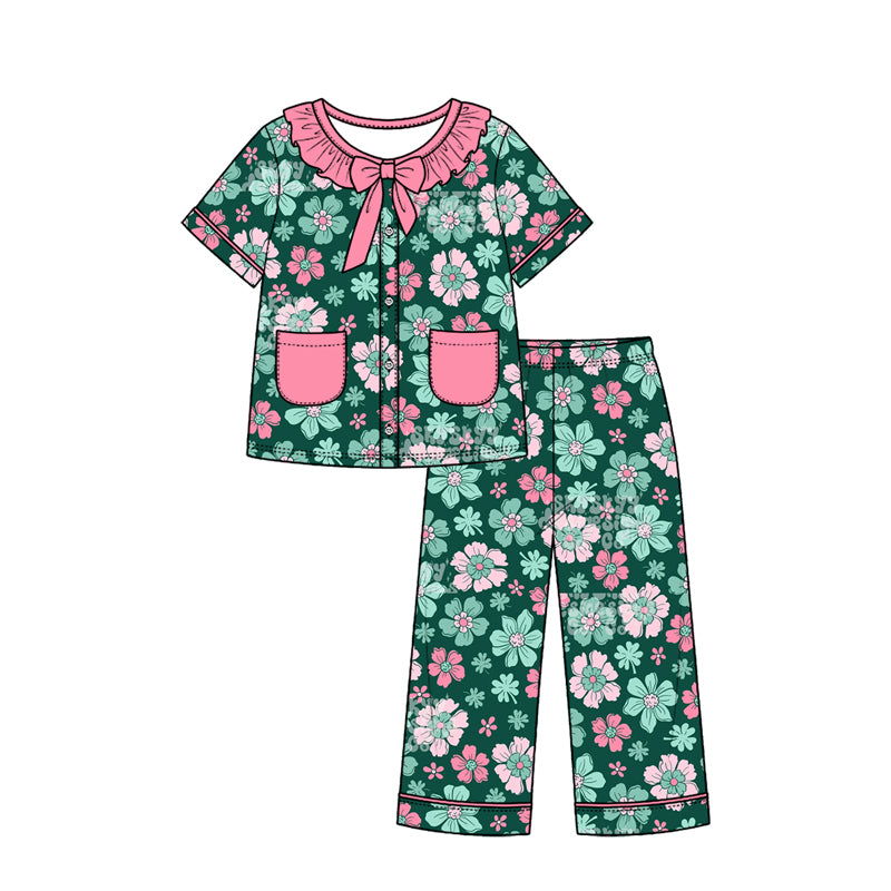 Preorder (moq 5) Baby Girl Clothes Dark Green Floral Mixed Print Short Sleeve Ruffle Bow Long Pant Pajama Set