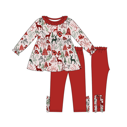 Preorder (moq 5)Baby Girls Bows Trees Deer Tunic Leggings Christmas Clothes Sets