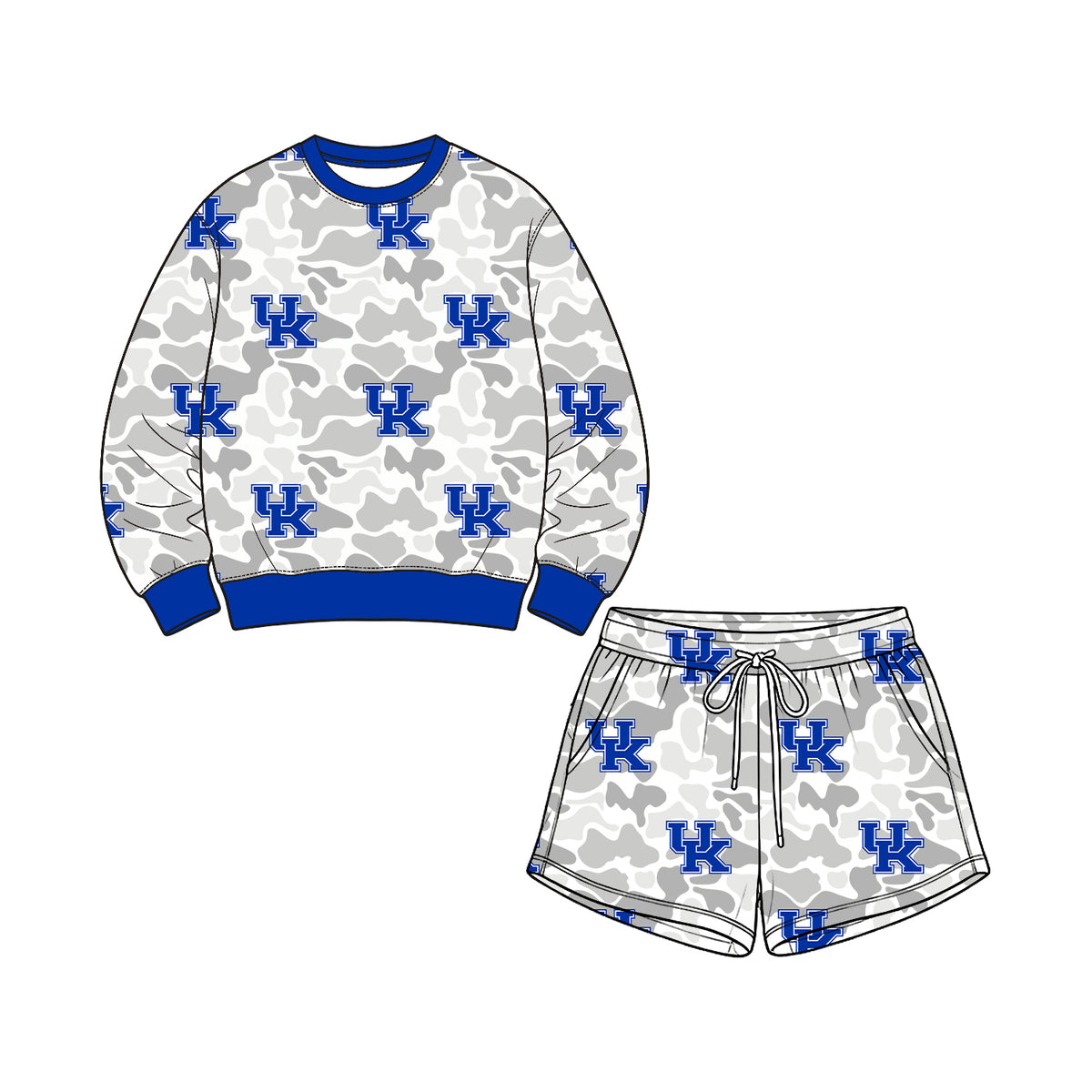 Preorder (moq 5) Kids Clothes Camo Letter UK Mixed Print Long Sleeve Sweatshirt Short Pant Set