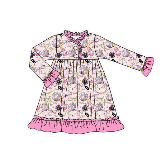 Preorder (moq 5)Baby Girls Happy New Year Button Ruffle Knee Length Dresses