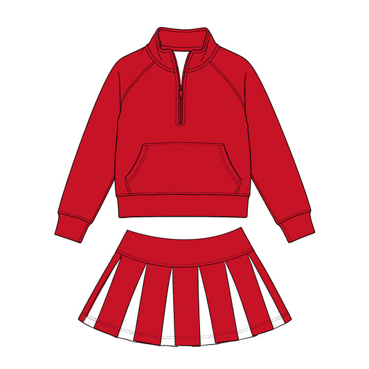 Preorder (moq 5) Baby Girls Red Zip Pockets Pullovers White Pleated Skirt Short Clothes Sets