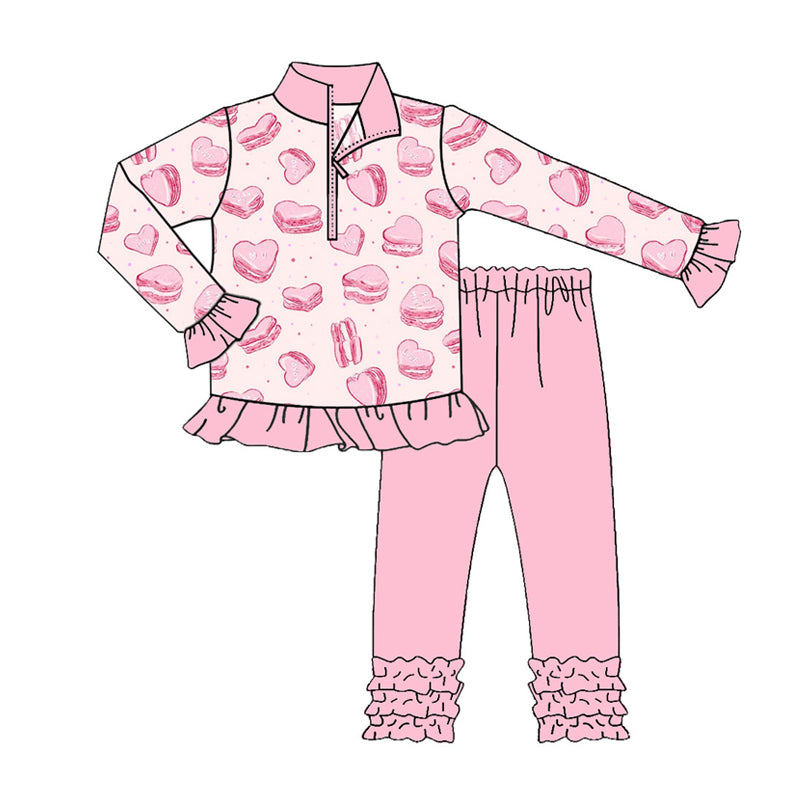 Preorder (moq 5)Baby Girls Pink Hearts Cookie Zipper Pullovers Ruffle Leggings Valentine Clothes Sets