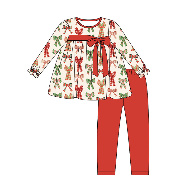 Preorder (moq 5)Baby Girls Long Ruffle Sleeves Plaid Bows Tunic Red Leggings Pant Sets