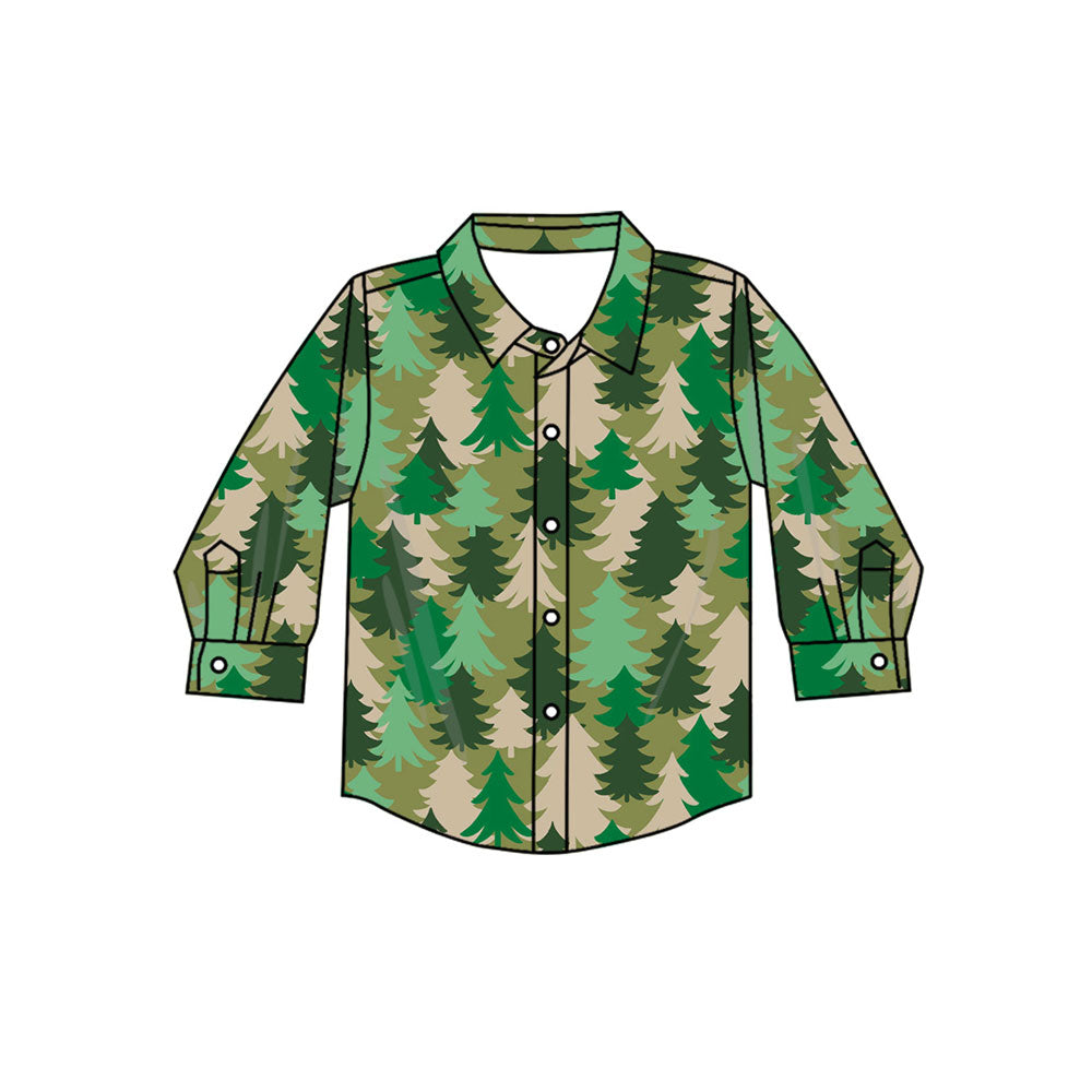 Preorder (moq 5)Baby Boys Long Sleeve Green Trees Fall Button Shirts Top