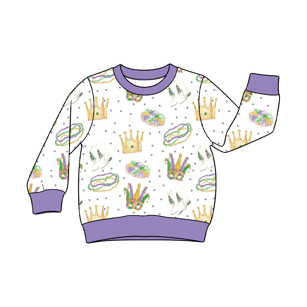Preorder (moq 5) Baby Girl Clothes Mardi Gras Crown Mask Bead Cowboy Boot Polka Dot Print Long Sleeve Top