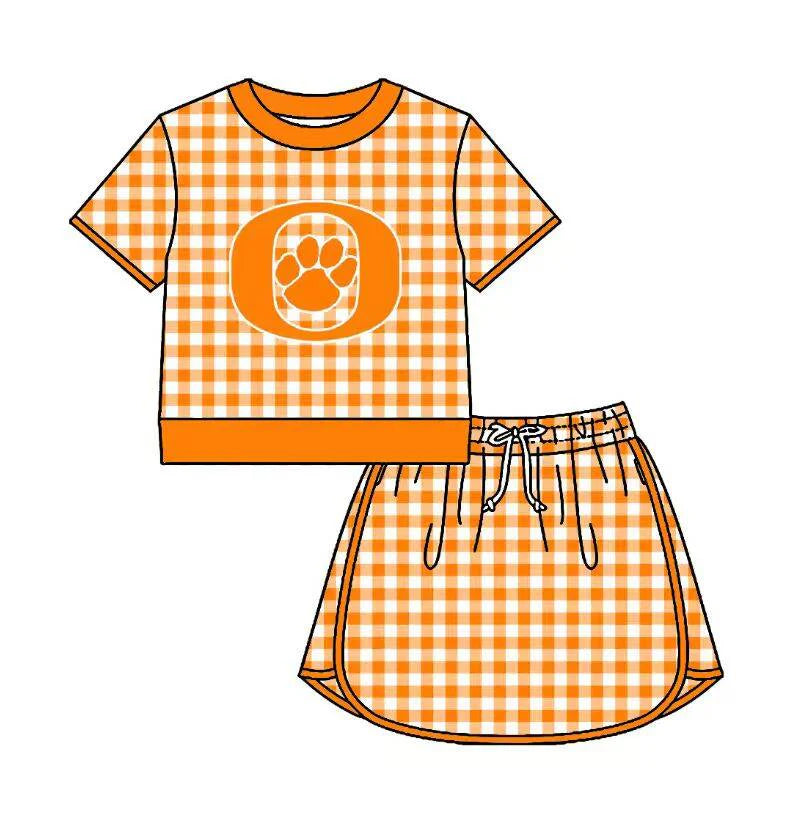 Preorder (moq 5)Baby Girls Orange Checked Orangefield Bobcat Shirt Top Skirt Short Team Sets