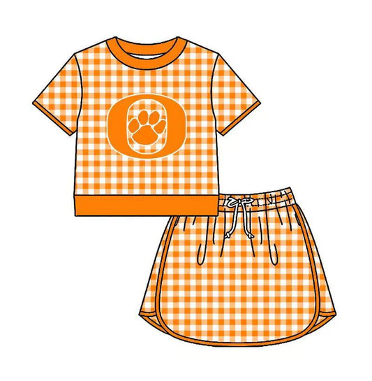 Preorder (moq 5)Baby Girls Orange Checked Orangefield Bobcat Shirt Top Skirt Short Team Sets