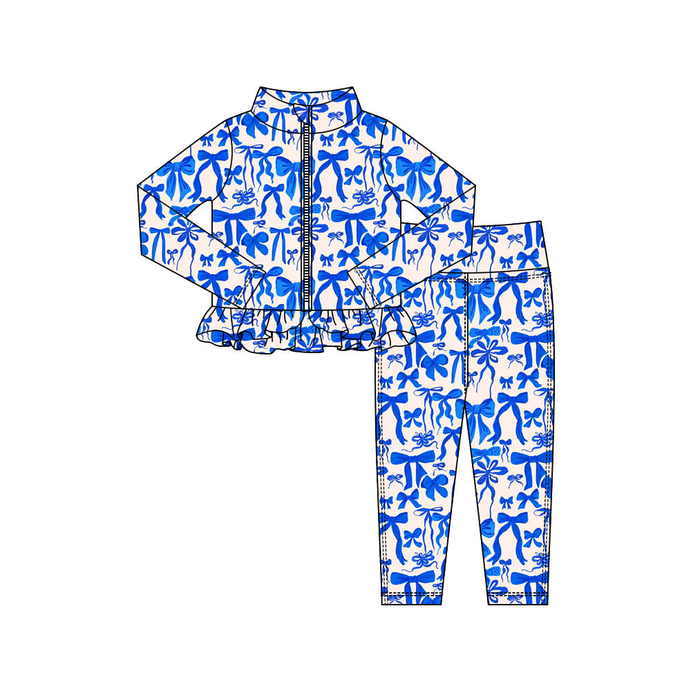 Preorder(moq 5) Baby Girls Hot Blue Bows Zipper Jacket Leggings Clothes Sets