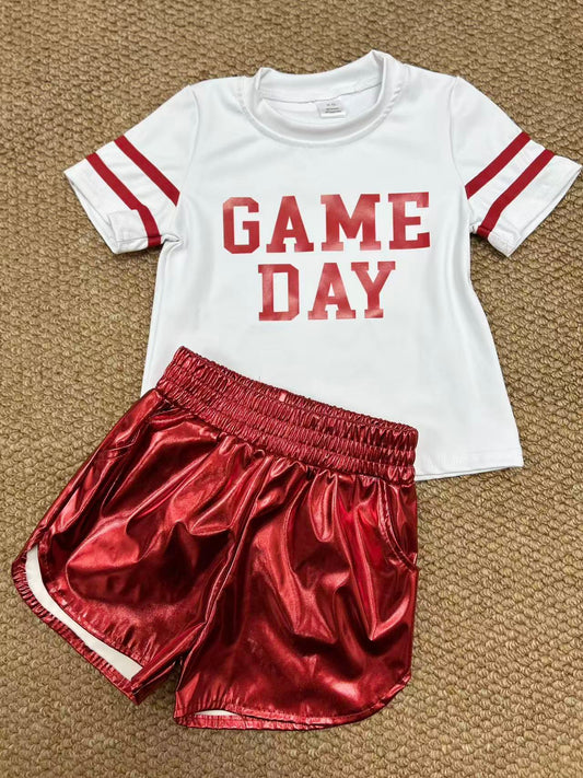 Baby Girls Vinyl Red Game Day Top Leather Shorts Team Active Set