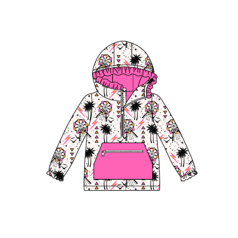 preorder(moq 5) Baby Girls Long Sleeves Pink Windmills Beach Pocket Zipper Hoodies Top