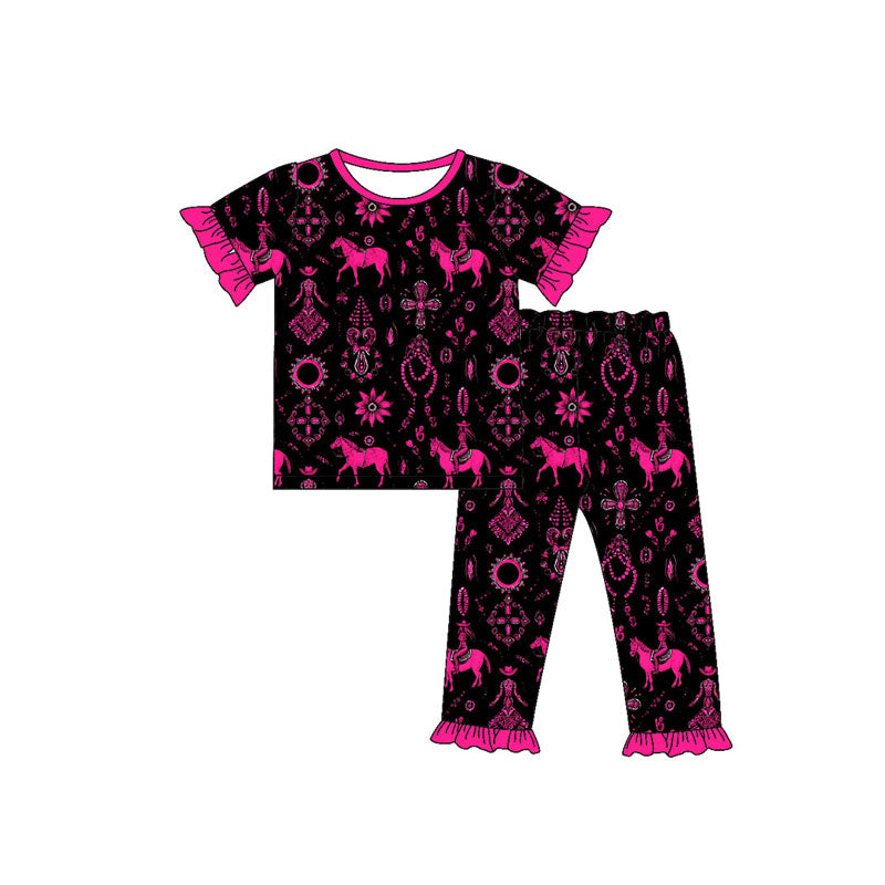Preorder (moq 5)Baby Girls Horses Rodeos Turquoises Top Ruffle Pants Western Pajamas Sets