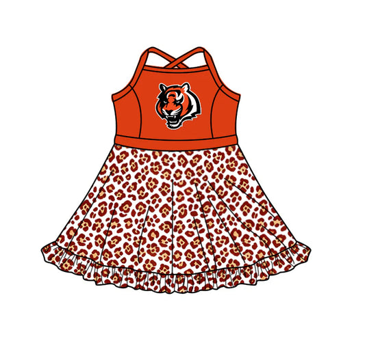 Preorder (custom moq 5)Baby Girls Strap Leopard Tigers Short Ruffle Team Knee Length Dress