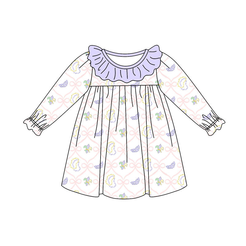 Preorder(moq 5) Baby Girls Bows Masks Checked Mardigras Collar Knee Length Dresses