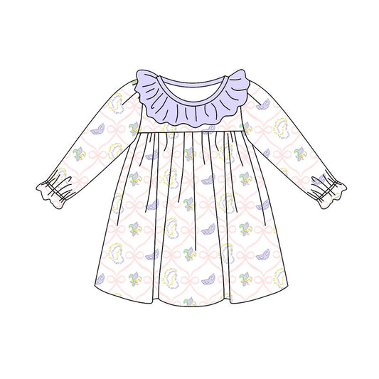 Preorder(moq 5) Baby Girls Bows Masks Checked Mardigras Collar Knee Length Dresses