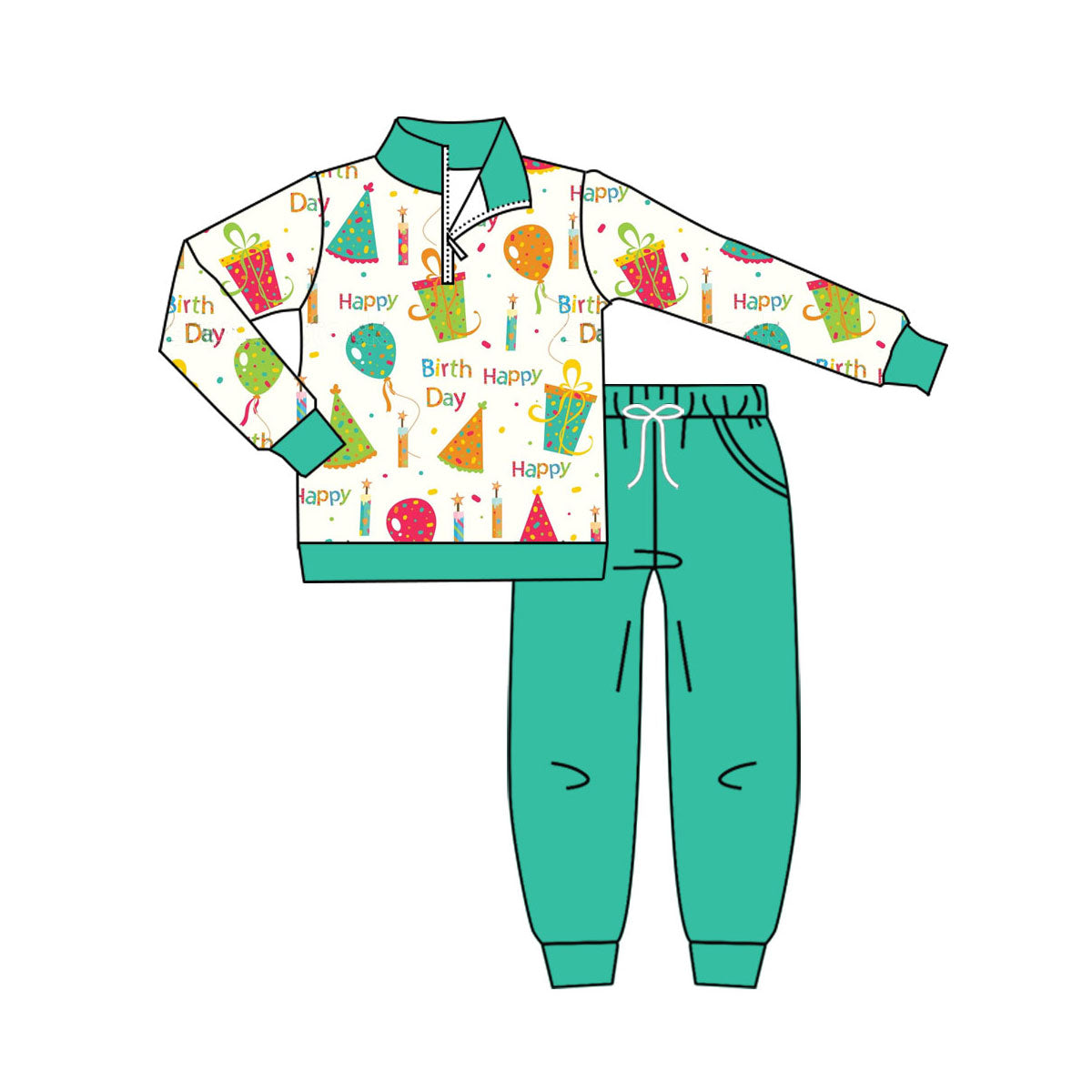 Preorder(moq 8)Baby Boys Zipper Pullover Happy Birthday Pockets Jogger Pant Clothes Sets