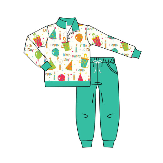 Preorder(moq 8)Baby Boys Zipper Pullover Happy Birthday Pockets Jogger Pant Clothes Sets