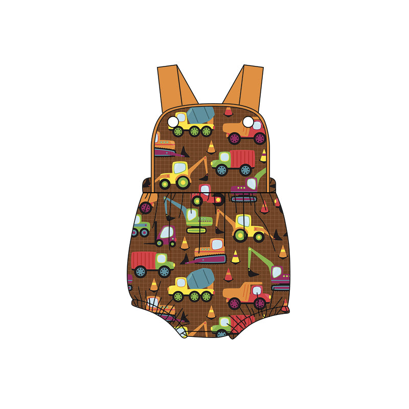preorder(moq 5) Baby Boys Strap Khaki Checked Colorful Excavators Rompers