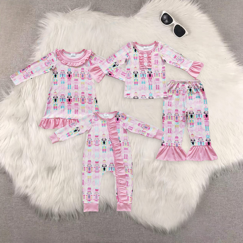 Sibling Baby Girls Christmas Pink Soldier Pajamas Clothes Sets Rompers