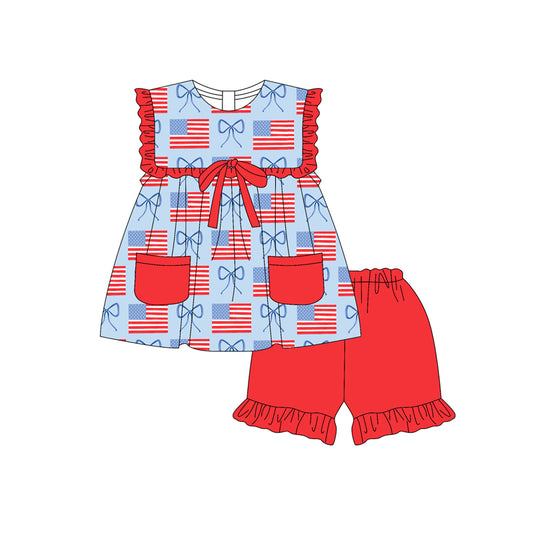 Preorder moq 5 Baby Girls Sleeveless Red Blue Flags Bows Pockets Tunic Ruffle Short 4th Of July Set