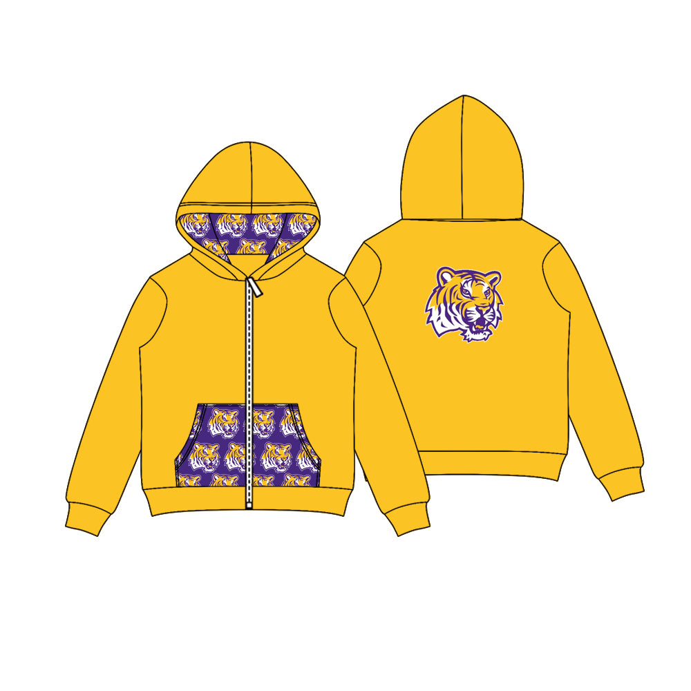 Preorder (moq 5)Baby Boys Yellow Tigers Team Pocket Zipper Hoodies Tops