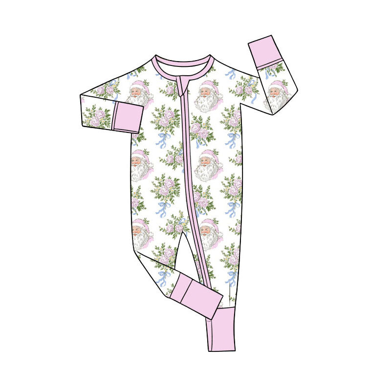 Preorder (moq 5)Baby Girls Santa Flowers Bows Christmas Two Way Zip Convertible Rompers