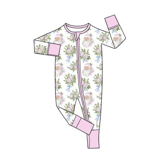 Preorder (moq 5)Baby Girls Santa Flowers Bows Christmas Two Way Zip Convertible Rompers
