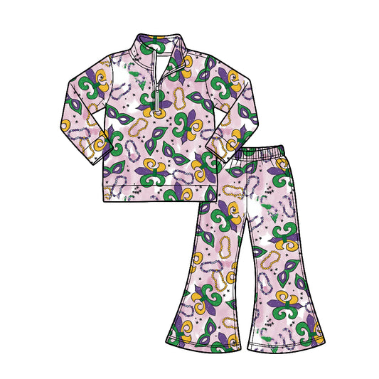 Preorder (moq 5) Girl Clothes Mardi Gras Fleur‑de‑lis Tie‑Dye Print Long‑sleeve Quarter Zip Top Flare Pants Set