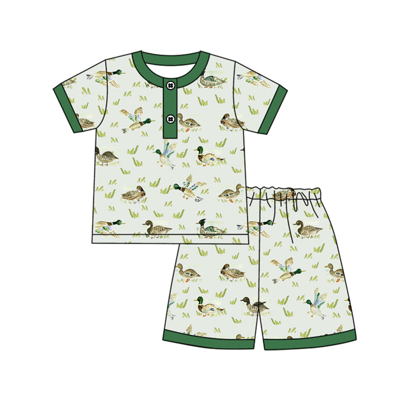 Preorder (moq 5)Baby Boys Green Mallard Ducks Summer Shirt Top Shorts Pajamas Clothes Sets