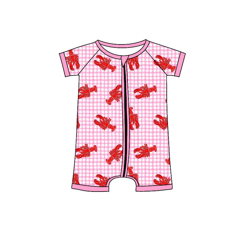 Preorder (moq 5)Baby Girls Pink Checked Short Sleeve Crayfishes Zipper Rompers