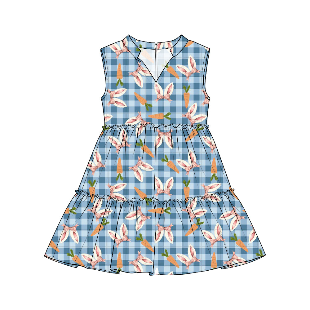 Preorder (moq 5) Girls Easter Colorful Bunny-Ear Carrot Print Sleeveless Tiered Dresses, Festive Holiday Outfit