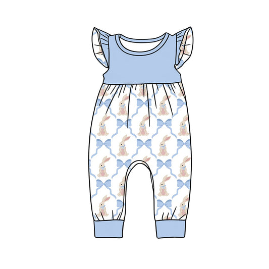 Preorder (moq 5)Baby Girls Flutter Sleeve Blue Bows Rabbits Checked Easter Footie Rompers