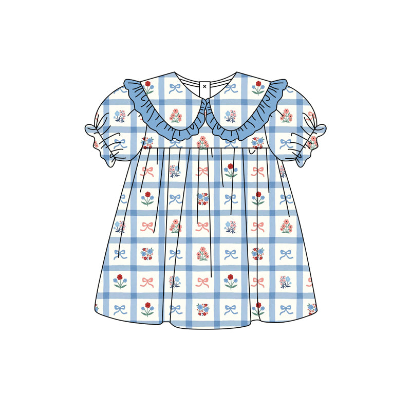 Preorder moq 5 Baby Girls Blue Checked Flowers Collar Knee Length Dresses