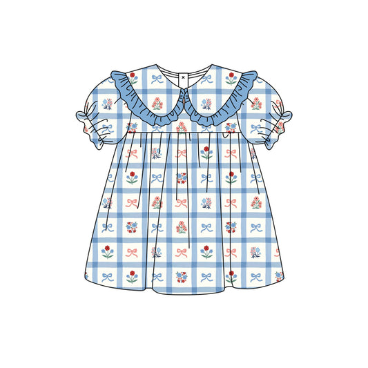 Preorder moq 5 Baby Girls Blue Checked Flowers Collar Knee Length Dresses