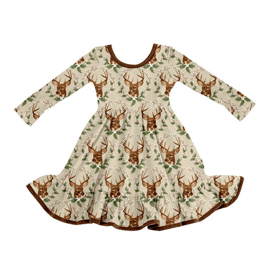 Preorder (moq 5) Baby Girl Clothes Deer Holly Winter Mixed Print Long Sleeve Twirl Ruffle Dress