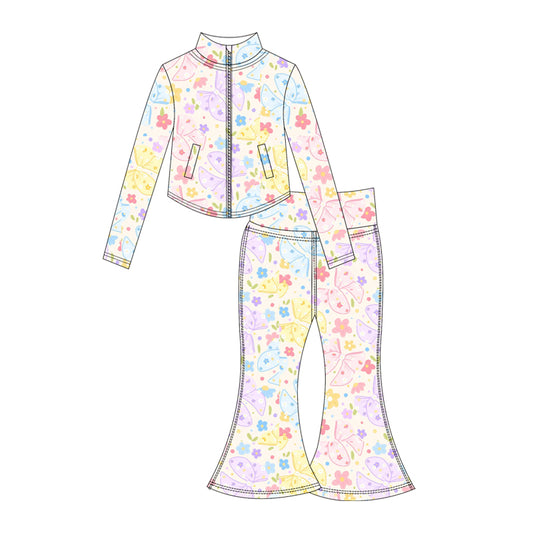Preorder moq 10 Baby Girls Butterfly Flowers Long Sleeves Pockets Zipper Top Bell Bottom Pant Activity Wear Yoga Set