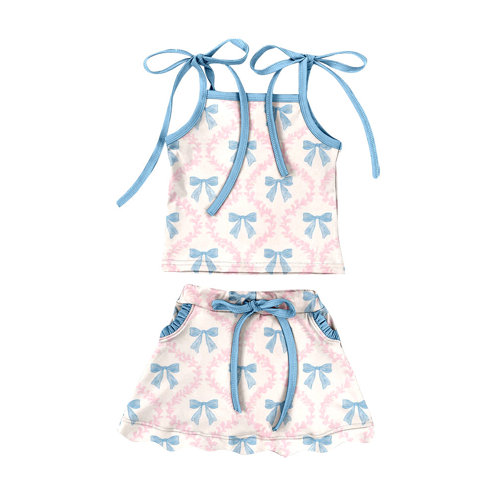 Preorder (moq 5)Baby Girls Bow Flowers Checked Top Pockets Scallop Skirt Shorts Swimsuits Clothes Set