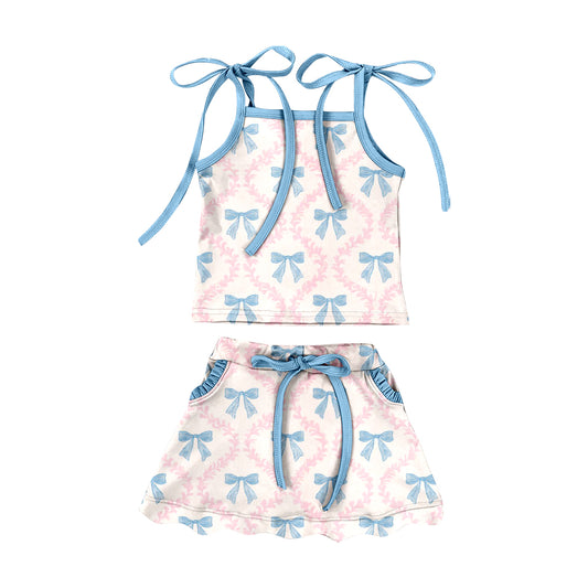 Preorder (moq 5)Baby Girls Bow Flowers Checked Top Pockets Scallop Skirt Shorts Swimsuits Clothes Set