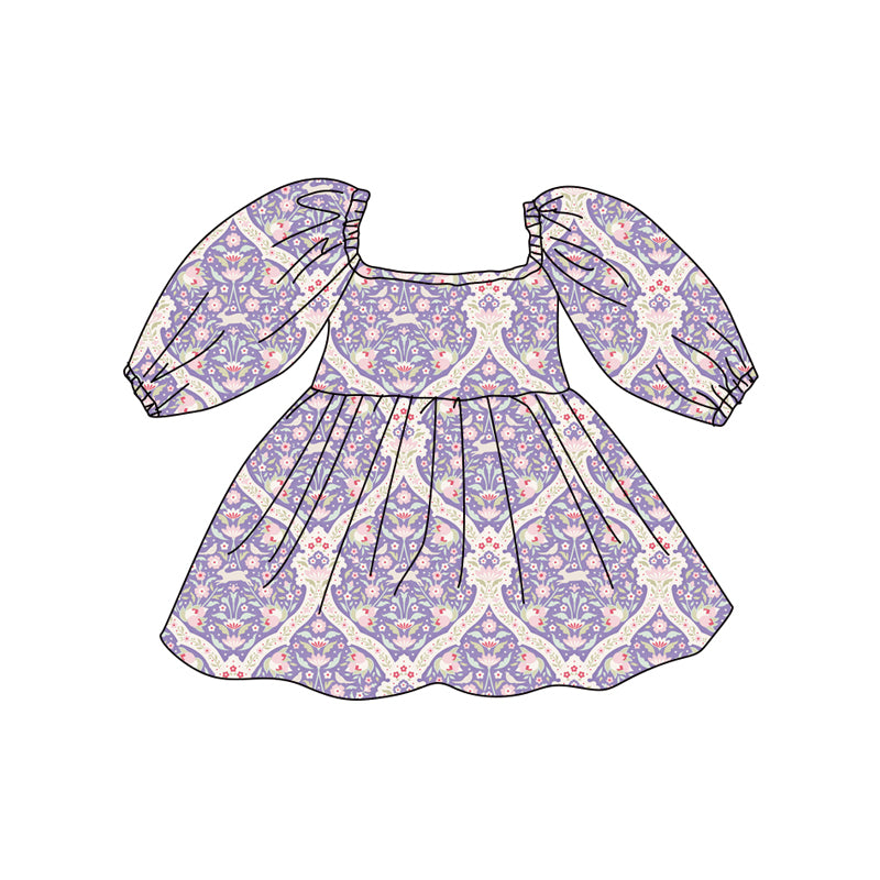 Preorder (moq 5)Baby Girls Pink Rabbits Floral Easter Ruffle Knee Length Dresses