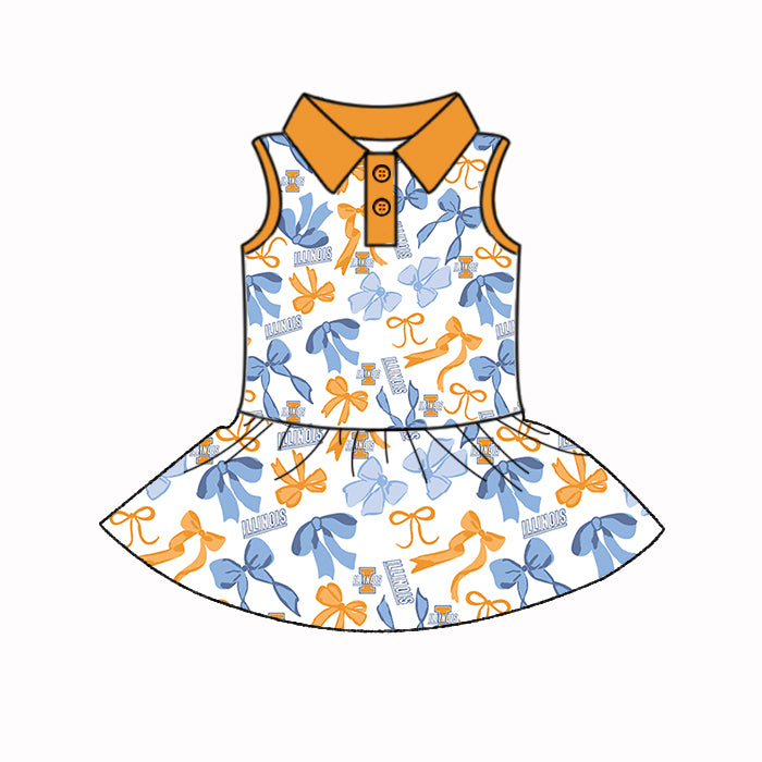 Preorder (moq 5)Baby Girls Sleeveless Orange Blue Bows Button Team Knee Length Dresses