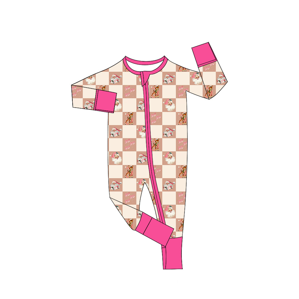 Preorder(moq 5)Baby Girls Christmas Pink Santa Deer Zipper Footie Rompers