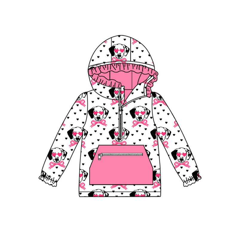 Preorder (moq 5)Baby Girls Valentine Hearts Dogs Bows Pocket Zipper Ruffle Hoodies Top