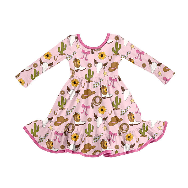 Preorder (moq 5)Baby Girls Pink Cactus Hats Bull Skulls Western Ruffle Knee Length Dresses