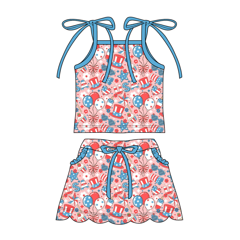 Preorder moq 5 Baby Girls Strap Balloon Stars Top Pockets Scallop Skirt Short 4th of July Clothes Sets