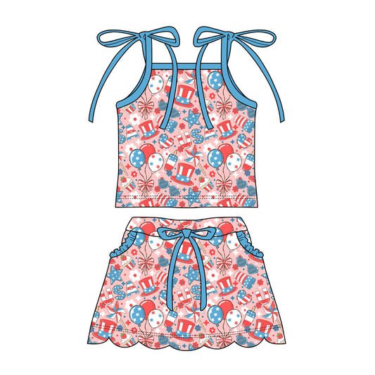 Preorder moq 5 Baby Girls Strap Balloon Stars Top Pockets Scallop Skirt Short 4th of July Clothes Sets
