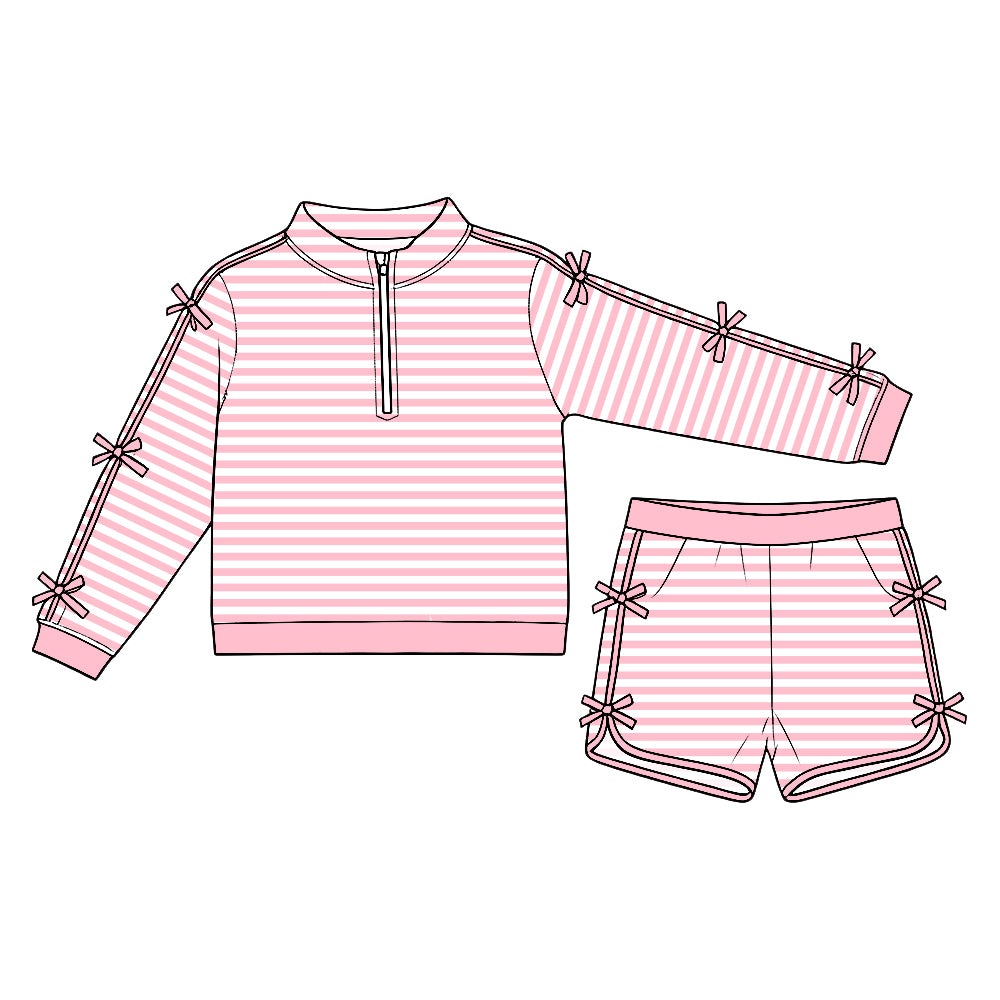 Preorder (moq5) Baby Girls Pink Stripe Bows Zip Pullover Pockets Short Clothes Set