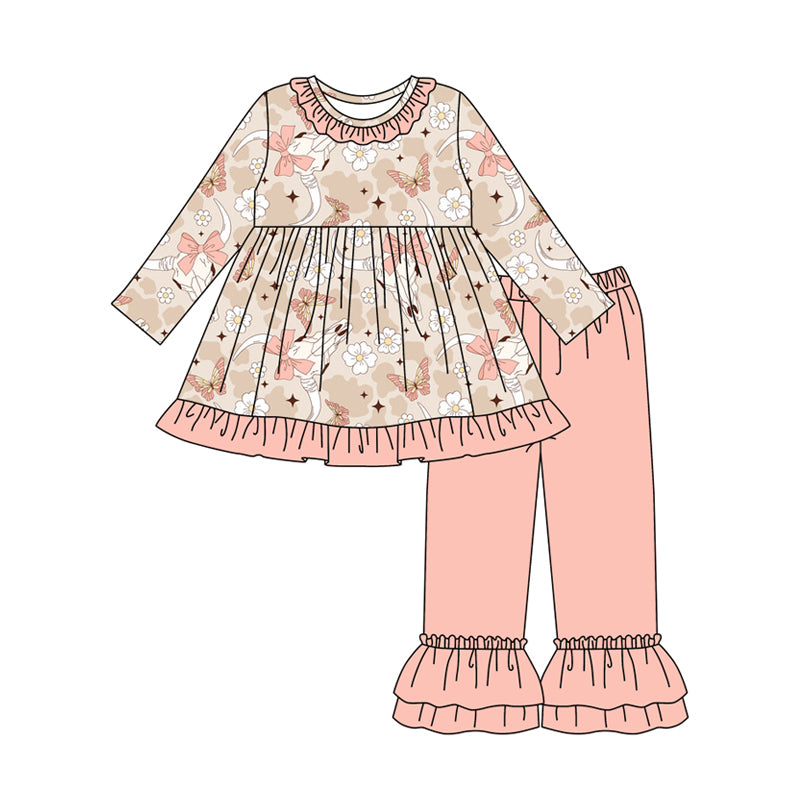 Preorder (moq 5)Baby Girls Peach Camo Bull Skull Flowers Tunic Ruffle Pant Set