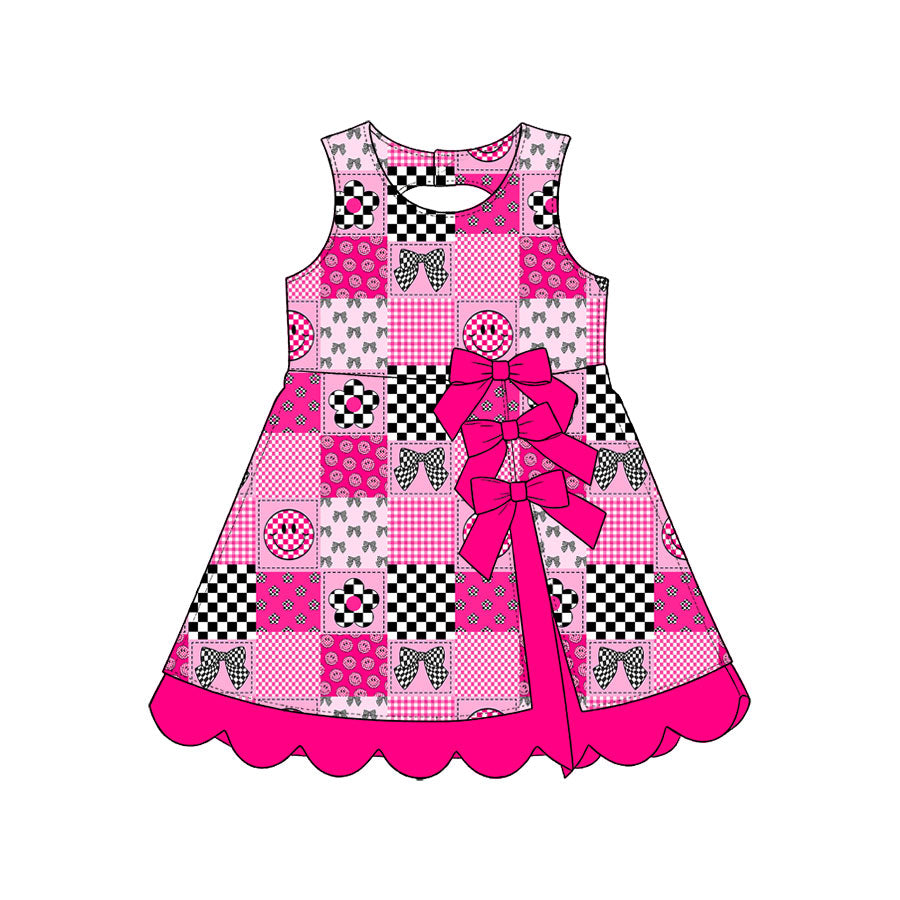 Preorder (moq 5) Baby Girl Clothes Patchwork Check Smile Bow Floral Mixed Print Sleeveless Bow Decor Dress